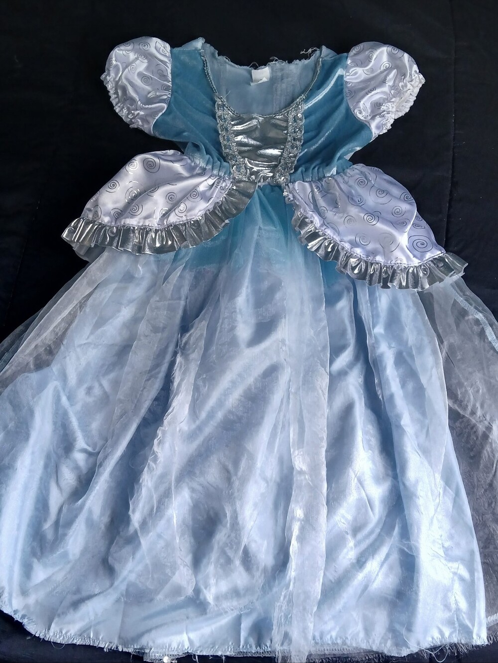 Blue Cinderella dress costume with silver ruffles and swirls, size 5-7 years.